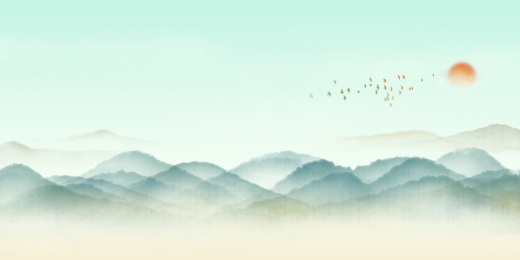 中国风水墨水彩山水画插画