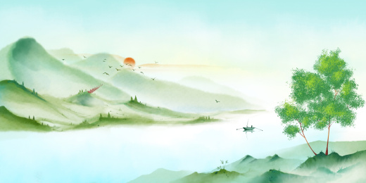 绿色的烟雨江南风景水彩中国风山水画