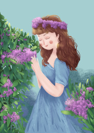 戴花环的女孩在花丛中