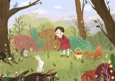 森林小女孩偶遇小动物兔子刺猬