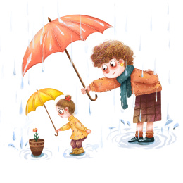 雨天妈妈陪伴女孩呵护小花