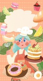 女孩戴着厨师帽拿着蛋糕烘焙甜品和美食