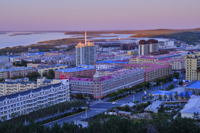 中国佳木斯抚远市全景