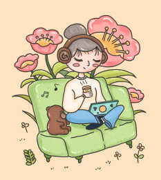 坐沙发上听歌的女孩