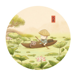 小和尚出尘与猫咪阿赤的节气日常-大暑采莲