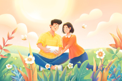 情侣坐在草地上看手机