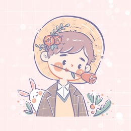 粉色背景下戴草帽嘴咬玫瑰花的男孩