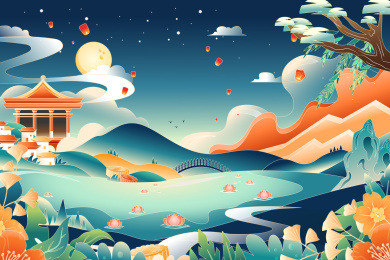 中秋节观潮钱塘江风景矢量插画
