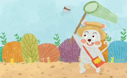 小老鼠夏天捉蜻蜓场景插画