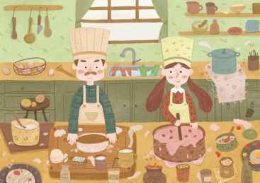 爸爸和女儿一起做甜品节日插画