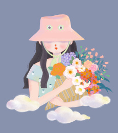 捧着花束的粉帽子女孩