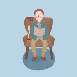 男生坐在沙发上看报纸