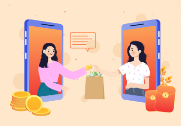 互联网时代在网络电商上购物的女孩卡通插画