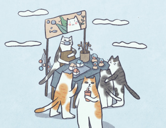 摆地摊卖玩具用品的可爱猫咪插图