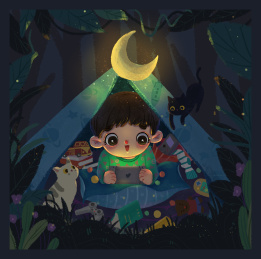 夜晚的月光下玩游戏机的小男孩