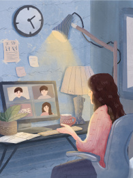 女生在家办公视频会议原创插画