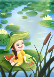 夏季夏天节气荷塘和吃西瓜小女孩卡通插画
