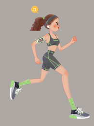 带耳机跑步穿运动套装的马尾女孩