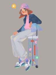 拉行李箱的粉帽子牛仔外套可爱女孩