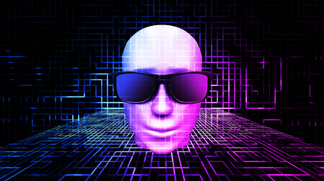 3D渲染AI人脸在电路板空间上，人工智能