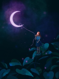 夜晚在花丛中仰望月亮的女孩