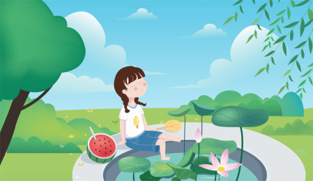 夏日池塘边坐着闭眼享受夏天的双马尾女孩
