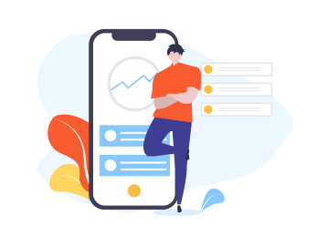 一个男人靠上数据分析的手机上