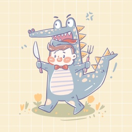 黄色背景下穿鳄鱼衣服的小孩