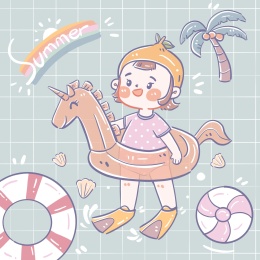 蓝色背景下手拿游泳圈的女孩