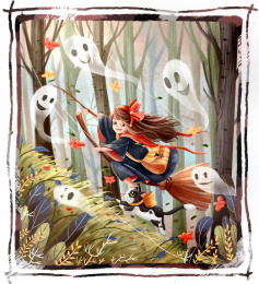 穿梭在林间的小魔女和猫咪