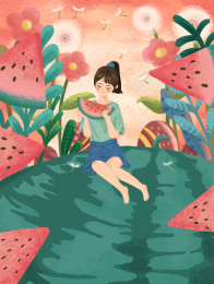 夏天吃西瓜消暑的女孩
