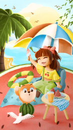 在海滩边的大西瓜上乘凉的小女孩