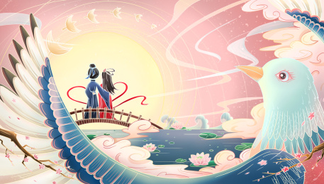七夕情人节喜鹊牛郎织女国风唯美插画
