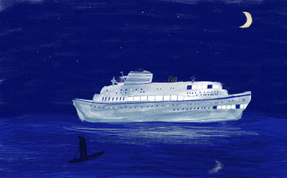  星空月亮下航行的轮船和孤独的划船者插画