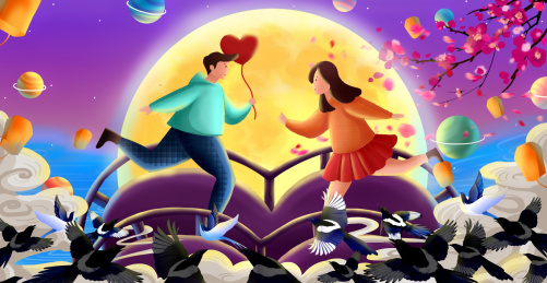 七夕节男生拿着爱心气球送给女孩