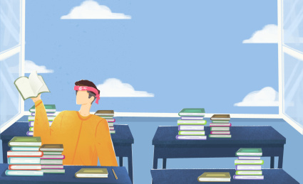 在堆满课本的课室里努力复习备战考试的学生