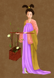 提的装着白色花朵中式花篮的唐朝仕女