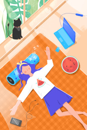 夏日女孩和猫在家休息