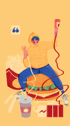 男孩坐在汉堡薯条可乐里准备开吃