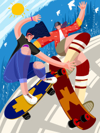 充满活力的滑板少女的夏季运动