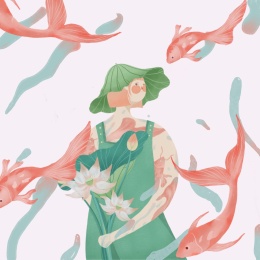 夏天荷花少女插画