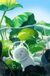 小猫在荷叶下游泳