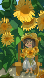 女孩坐在一大片向日葵下乘凉