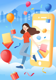 手机购物女性和气球城市背景