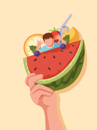 手拿西瓜矢量插画