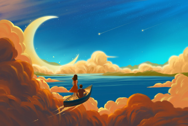 情侣在空中飞行的船上旅行 情人节创意插画