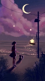 在海边等星星船的女孩和猫