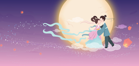 夜空银河中牛郎织女相逢的七夕情人节插画