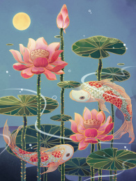 中国风荷叶荷花下的鲤鱼