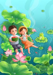 夏天在水中男孩喂坐在荷叶上的女孩吃西瓜